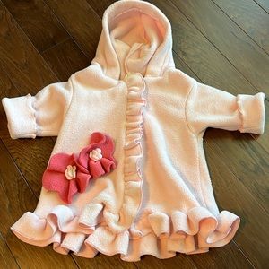 Corky’s Kid’s pink fleece zip up hooded coat with pink flowers size 0-3 months